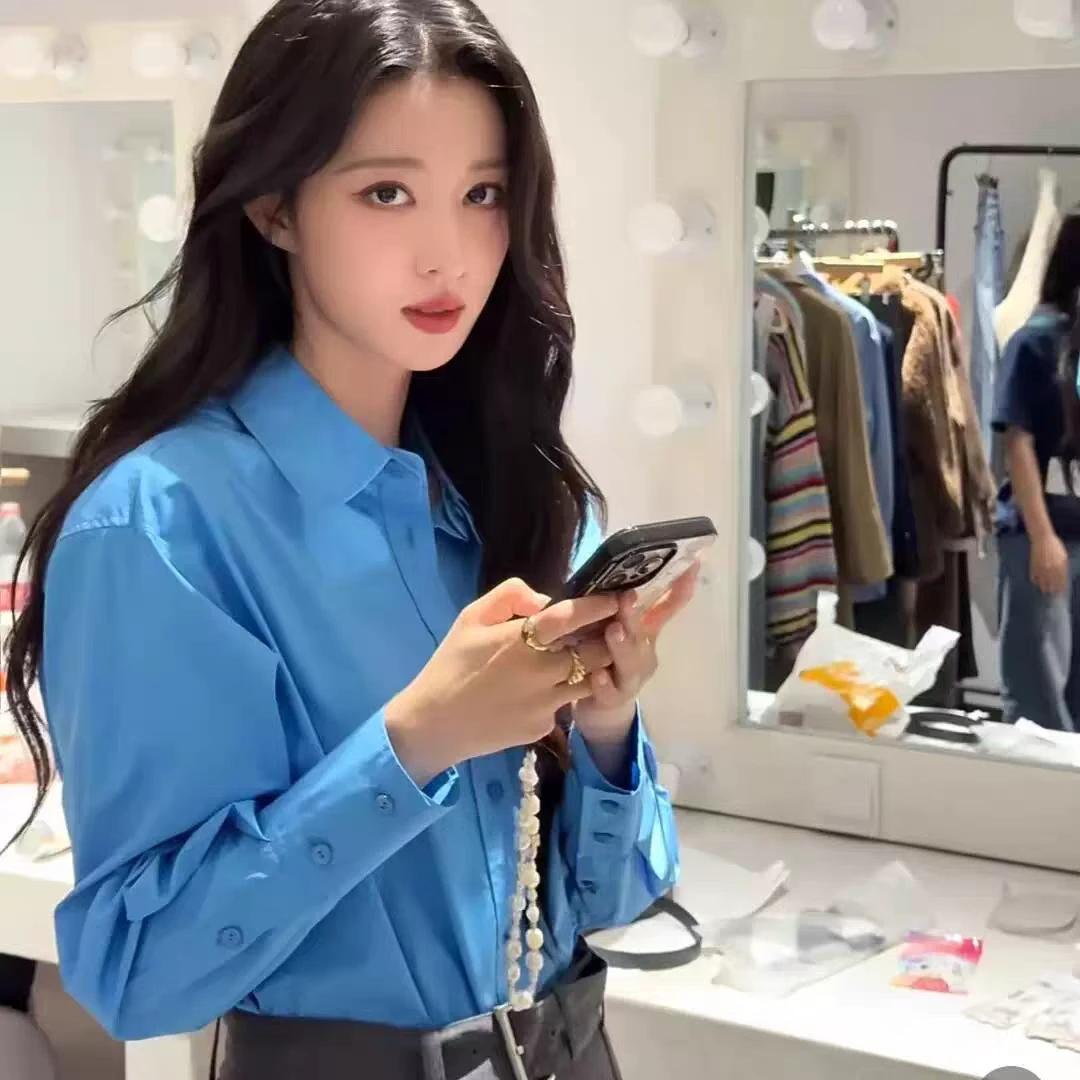 王楚然同款蓝色长袖衬衫女早秋季2025新款气质高级感职场通勤上衣