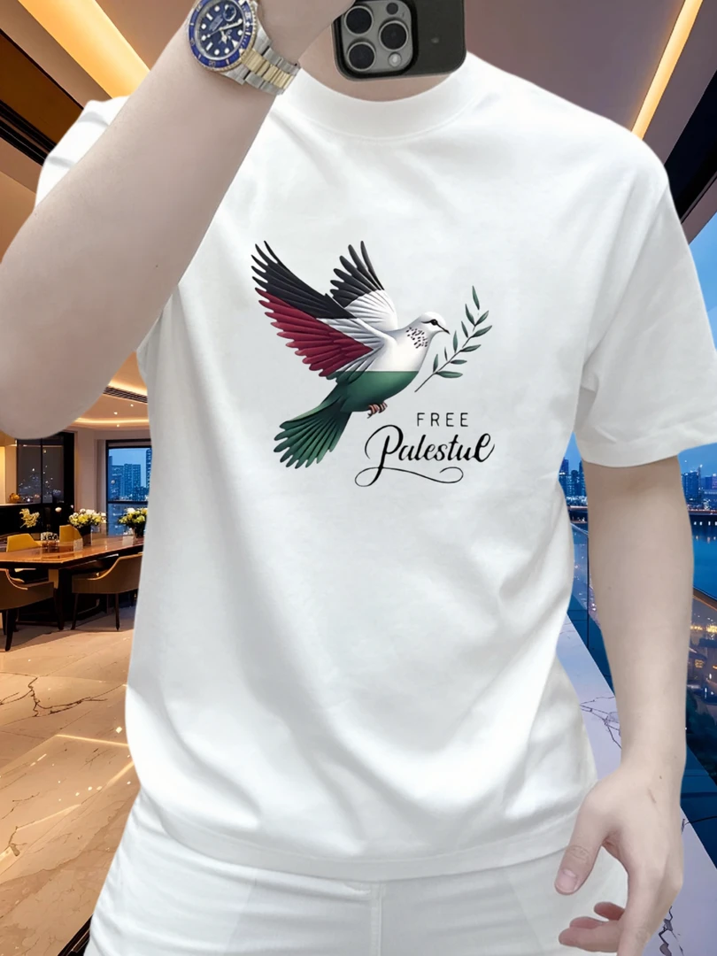 2025新款潮牌鸽子印花重磅纯棉短袖T恤男装时尚圆领休闲百搭上衣