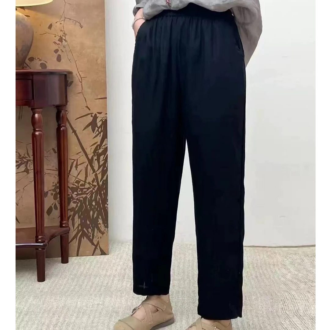 【锦衣服饰】1850韩系百搭松紧腰九分亚麻萝卜裤