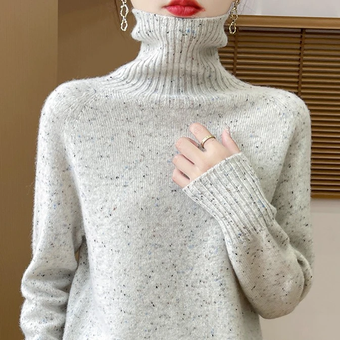 加厚堆堆领 100%羊毛 彩纱 一线成衣 女士高档羊毛衫显瘦针织宽松
