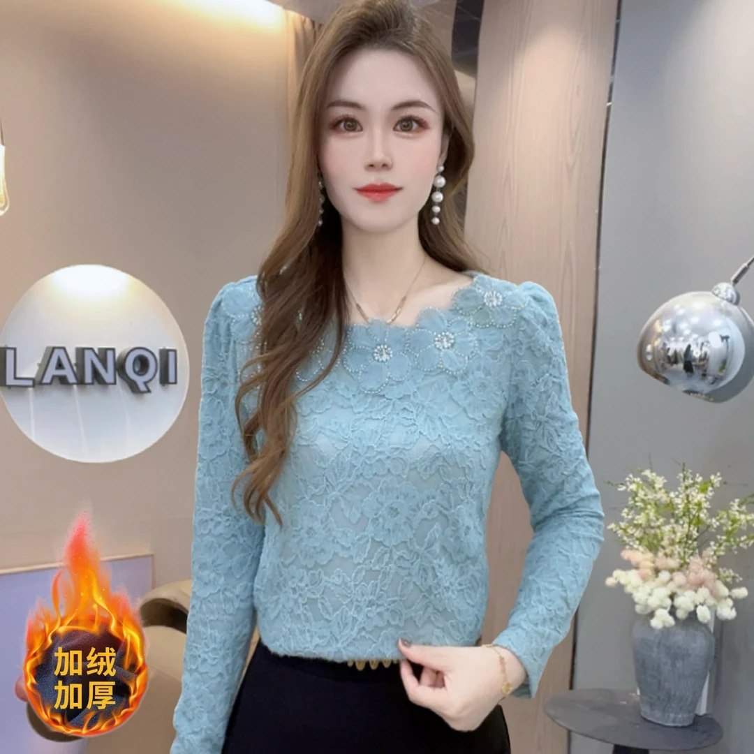 重工贴花洋气磨毛蕾丝长袖打底冬季新款时尚百搭修身保暖减龄上衣