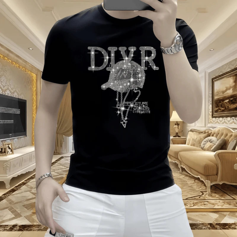 男士时尚休闲夏季潮流修身圆领百搭新款帽子烫钻高品质冰丝短袖T