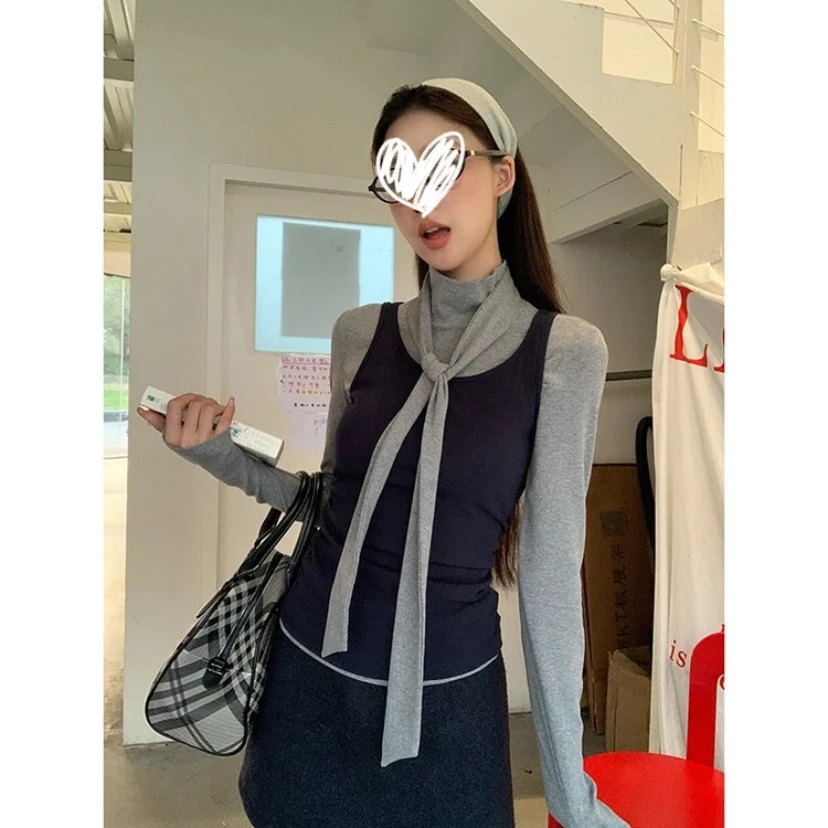 现货！早春新款学院风时尚设计感飘带长袖T恤两件套修身气质上衣