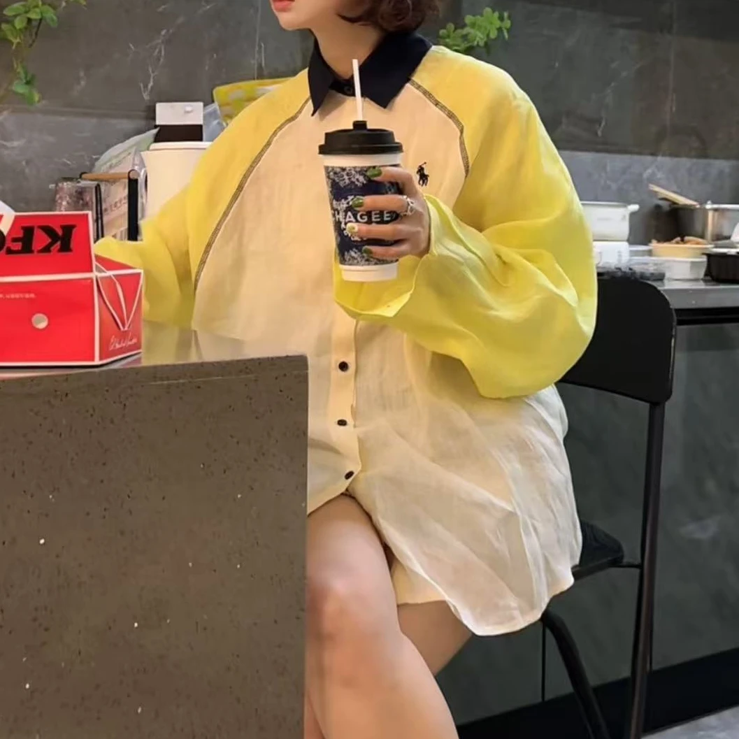 【五五定制】2025新款—春夏街头时尚休闲拼色翻领薄款麻料衬衫