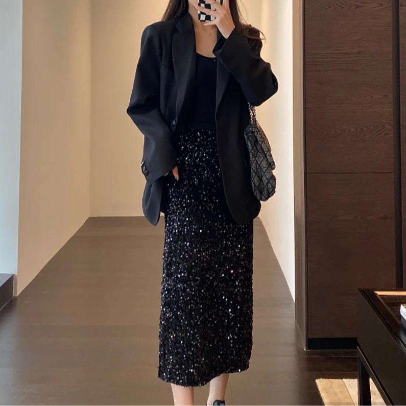 宝丫轻奢  T女式优雅气质亮片丝绒A字侧边开叉半身裙K1036