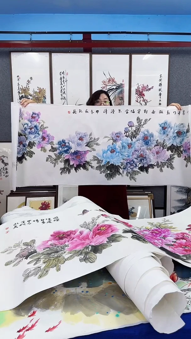国画实木装裱 牡丹 80*210