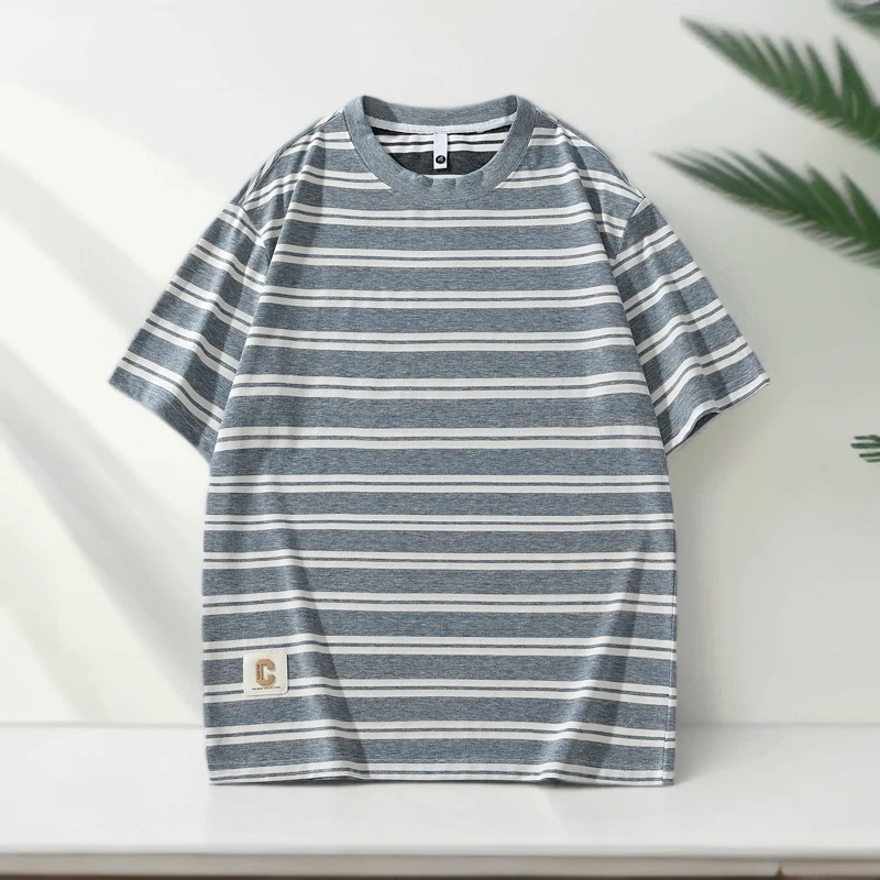 圆领夏季新款条纹短袖t恤男上衣宽松潮牌半袖体恤美式海魂衫休闲