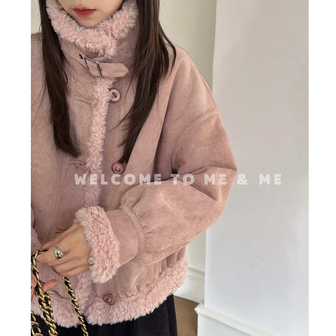 ME&ME 8251332 立领皮毛一体羊羔毛厚外套秋冬高级感加绒机车棉服