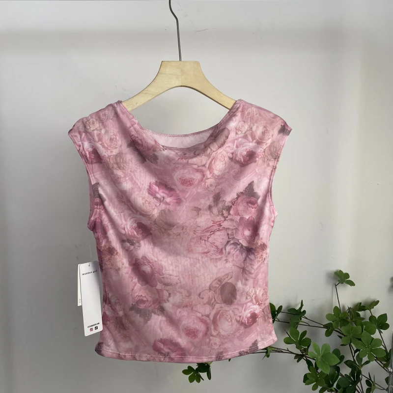 EE2737外贸欧美单女士无袖上衣圆领修身印花T恤