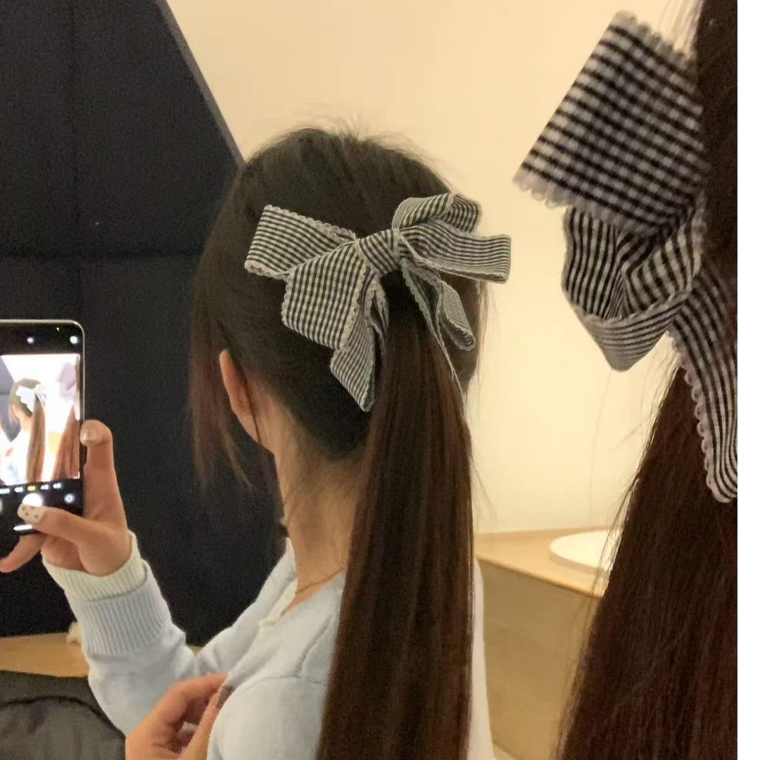 元气满满森系布艺格子香蕉夹蝴蝶结简约发饰韩系ins风少女高马尾