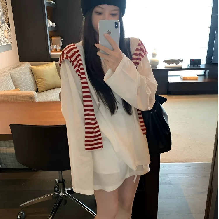 时尚休闲套装时尚慵懒风夏季韩版撞色防晒衬衫通勤加披肩套装