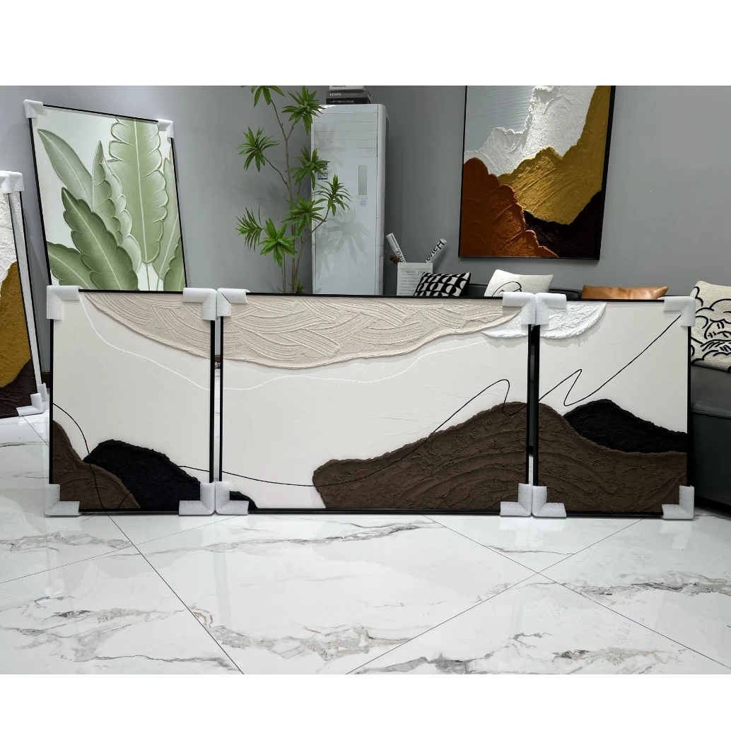 纯手绘《印象格调三联》浮雕厚肌理立体纯手绘装饰画肌理画环保背板