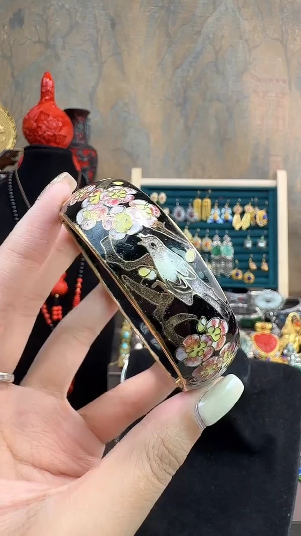 非遗手工景泰蓝开口银蓝镯子黑色