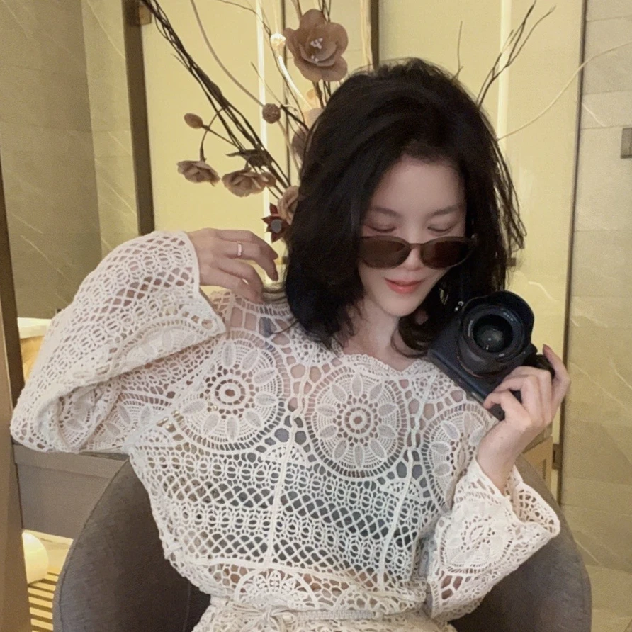【悦悦专属】小众气质套头罩衫镂空针织长袖Y127