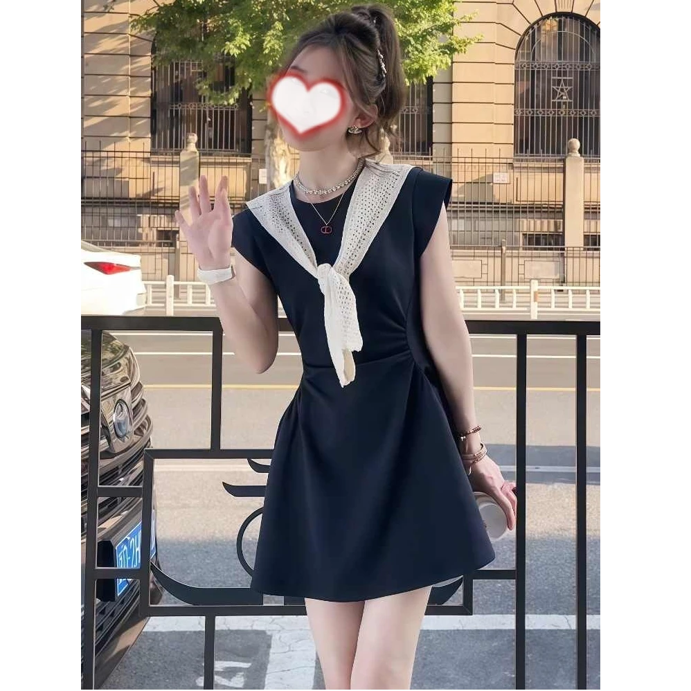 法式气质褶皱飞飞袖连衣裙女2025新款夏季收腰小个子穿搭休闲短裙
