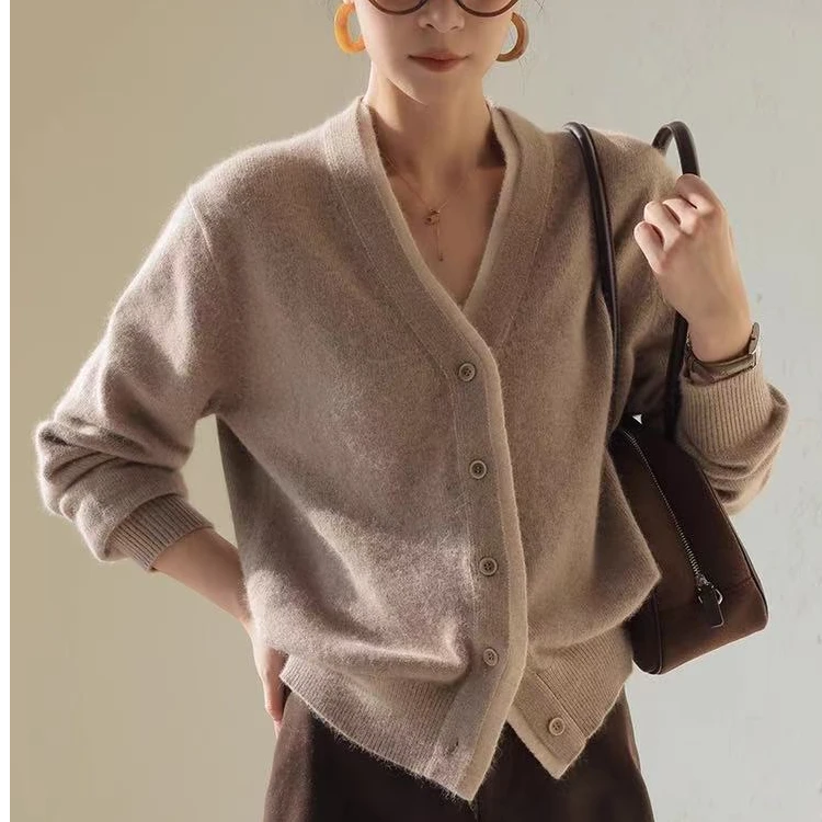 韩版女宽松V领羊毛衫100%纯羊毛时尚长袖针织开衫 女百搭外穿开衫