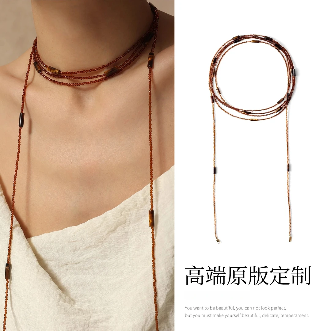 非金属仿水晶项链 棕色多层串珠项链女轻奢小众设计高级感毛衣链