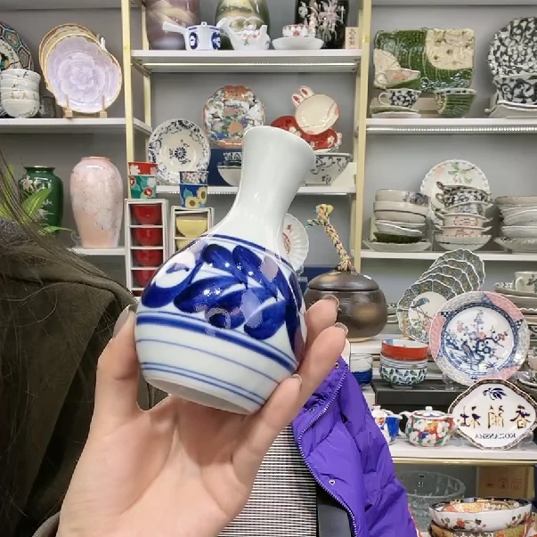 【单支】日本进口有田烧善山手绘蓝海草酒壶