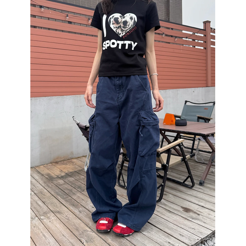 美式复古立体口袋蓝色工装裤女直筒宽松百搭休闲裤阔腿裤夏季