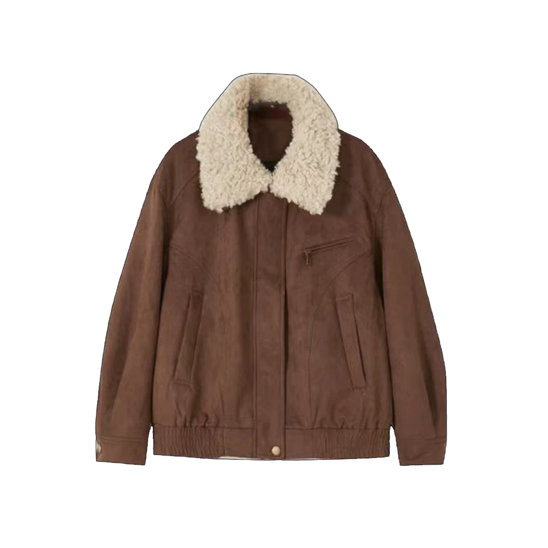 【秋冬新款】复古棕色仿麂皮绒夹克翻领保暖短款外套