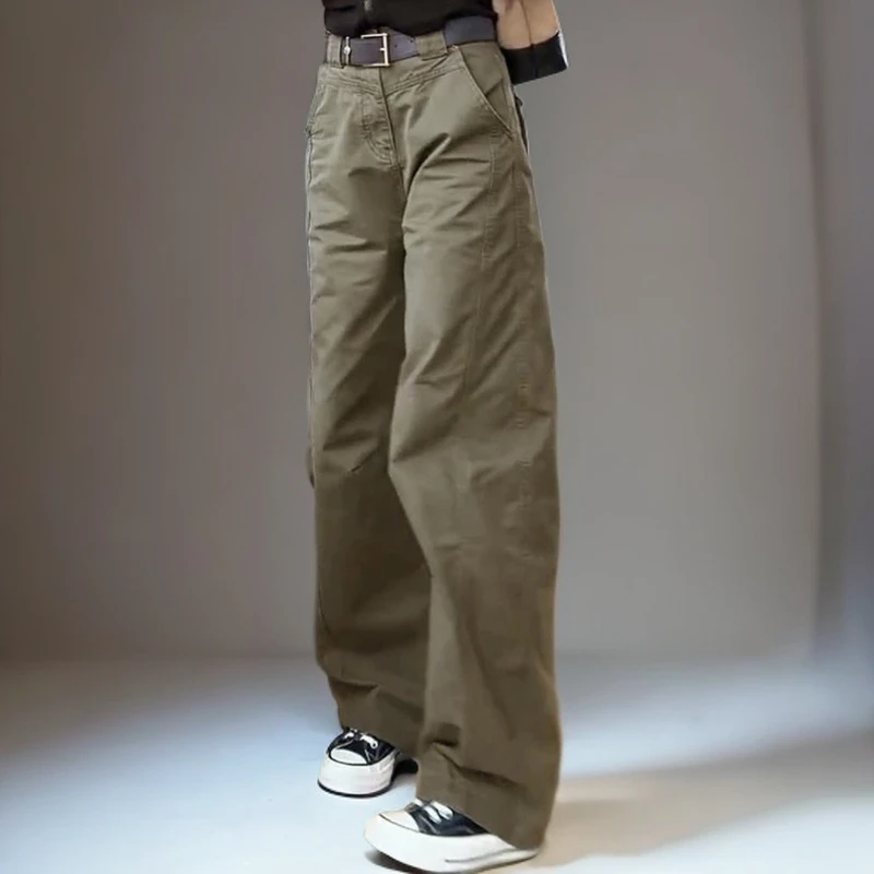 军绿色工装裤女2025秋季新款大码梨形身材高腰宽松窄版直筒日系裤