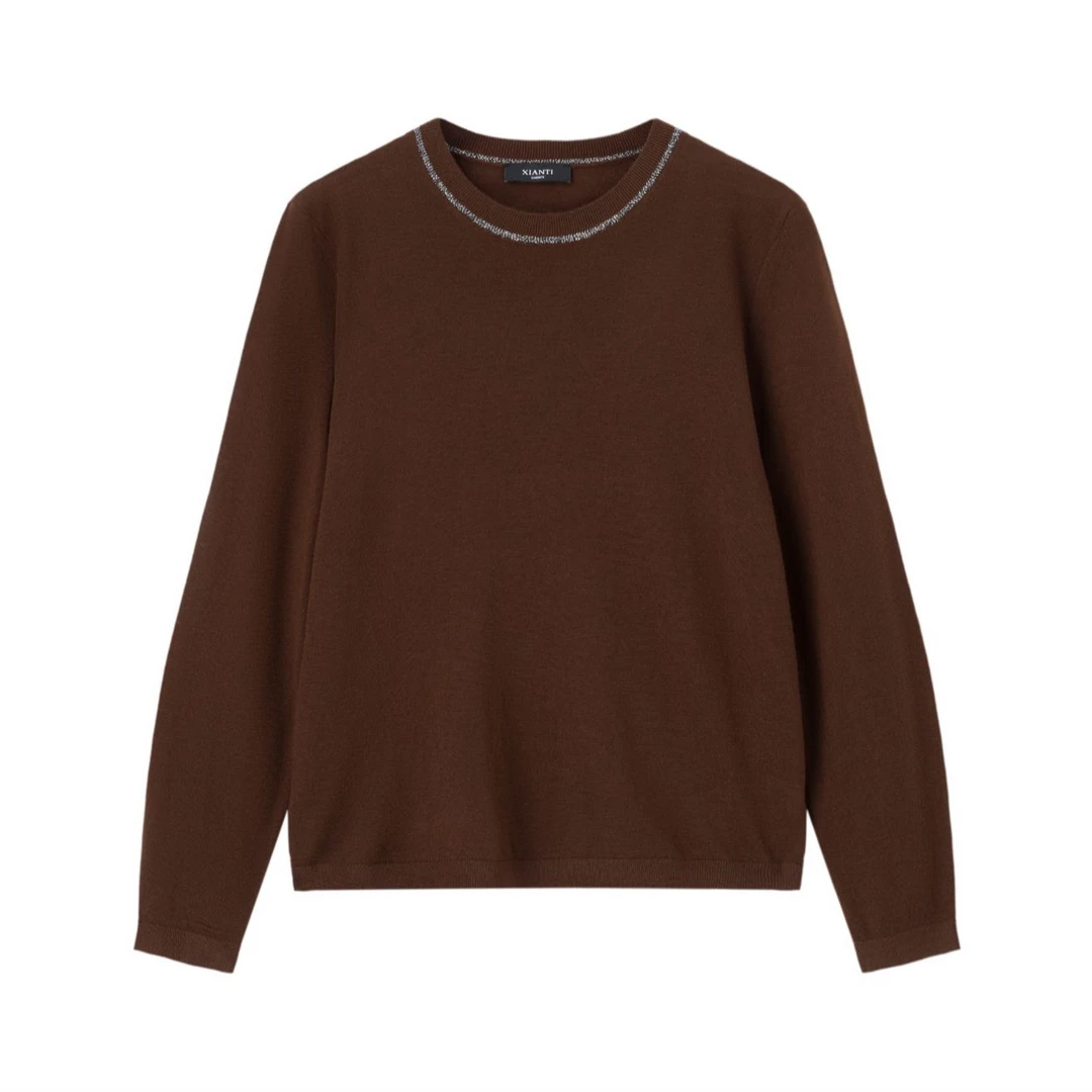 【轻奢-气质】时尚上档次女装银丝撞边圆领长袖羊毛上衣女-2512136