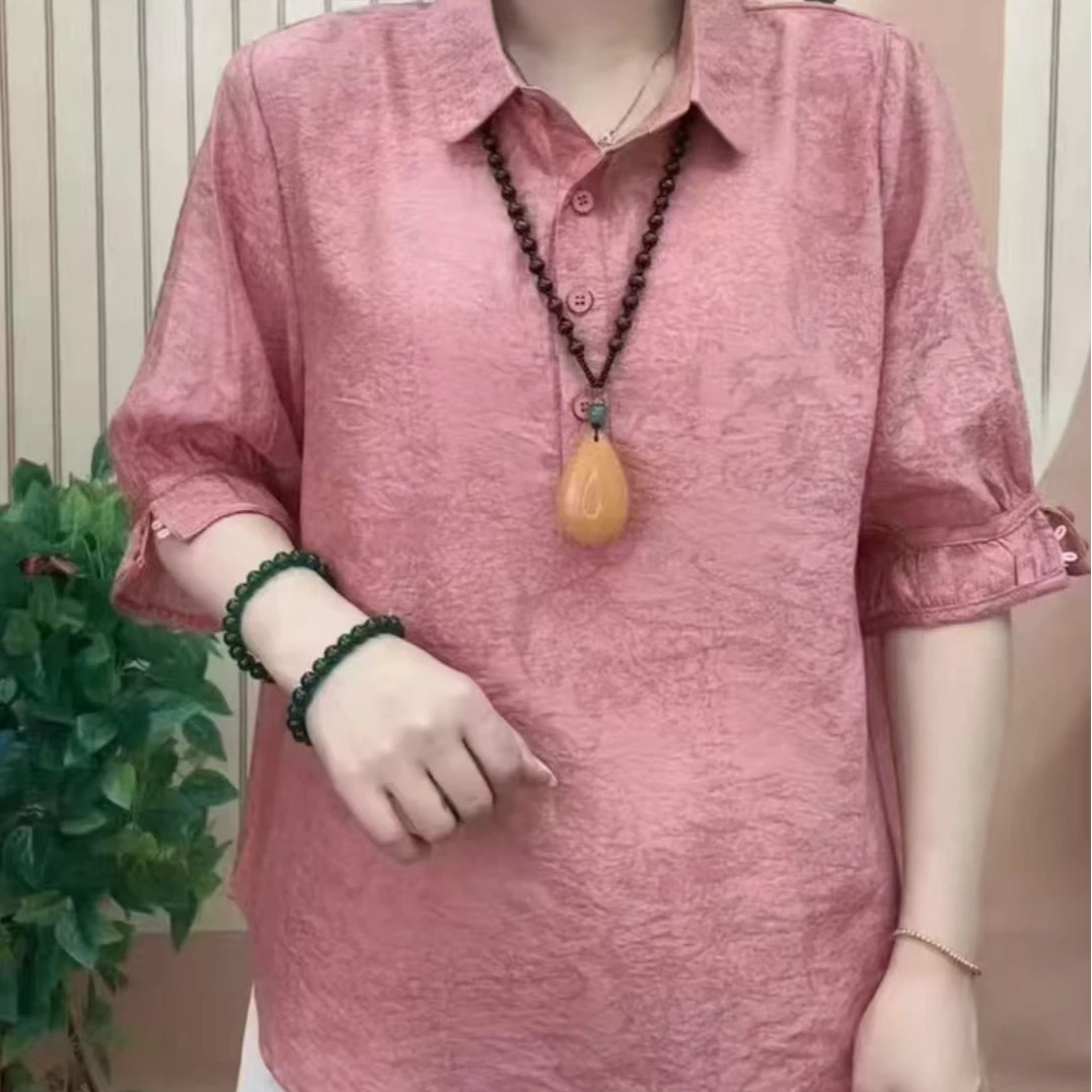 2025夏季新款翻领套头衬衫宽松洋气中袖时尚百搭休闲