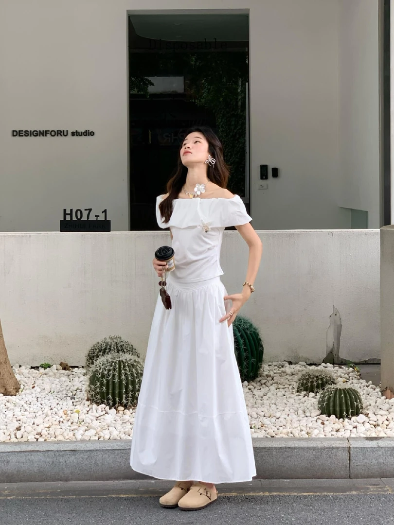 法式赫本风荷叶边一字肩t恤女夏季高级感收腰半身裙气质两件套装