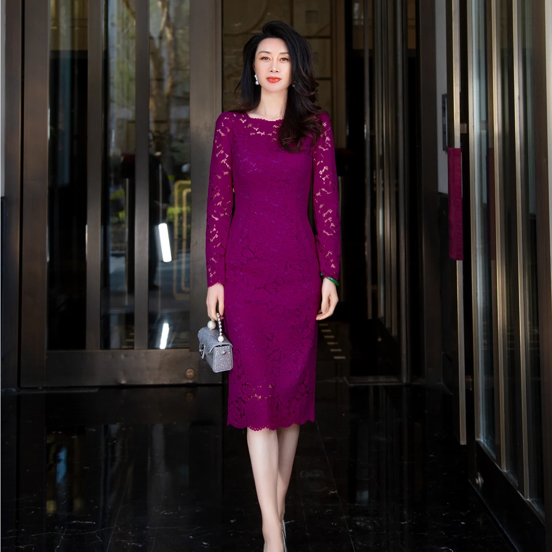 EDFNOT/杨红霞汝意FS火龙果紫圆领浪漫长袖蕾丝裙/FS-F22026