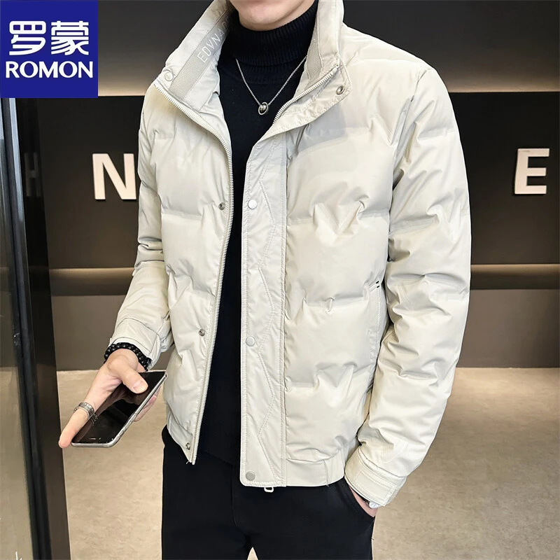 Romon/罗蒙男士时尚短款拼色青年冬季款外套休闲夹克轻薄棉服立领