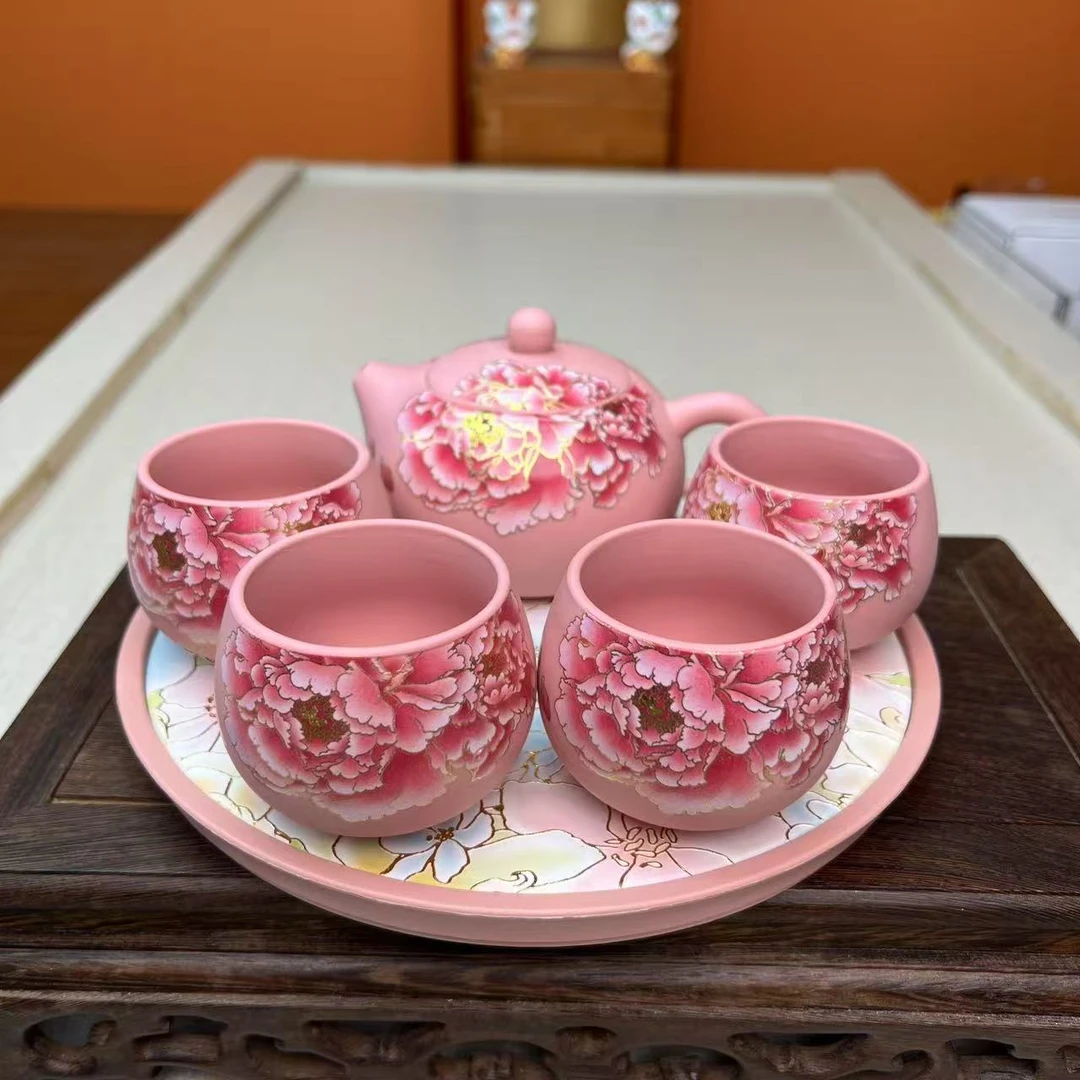 粉牡丹ZH3430掐金丝凤鸣紫砂壶（裸瓷）+四个粉牡丹掐金丝紫砂客