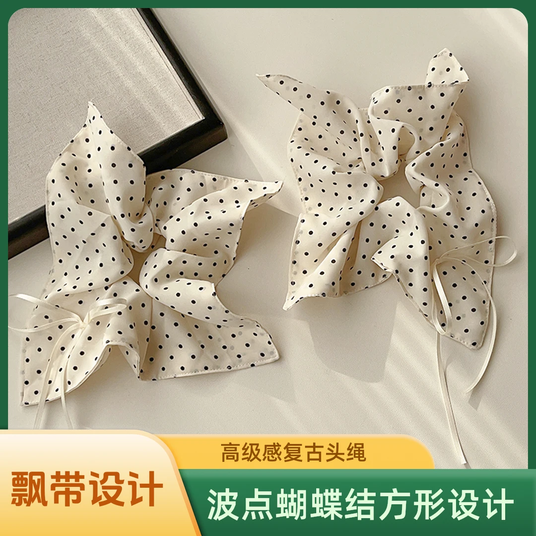 波点蝴蝶结发圈韩系方形头饰女士方巾飘带高级轻奢复古头绳小发饰