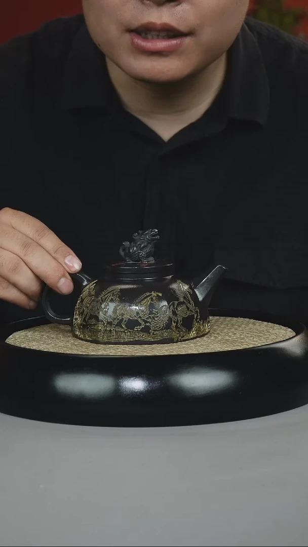 茶壶紫砂石黄 六方龙龟 龙行天下 描金