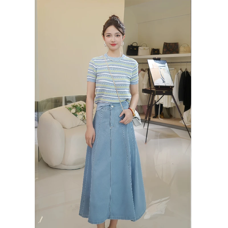 DGISTUDIO女装店 复古港风蓝色条纹针织上衣浅蓝色牛仔裙半身裙