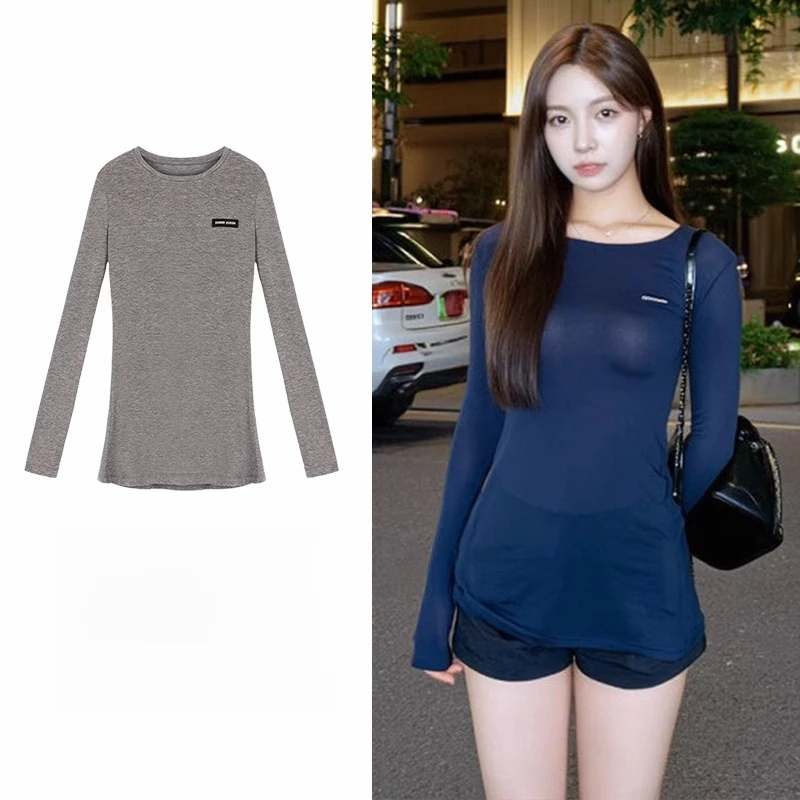 微透圆领针织正肩长袖t恤女早春季2025新款高级感百搭打底衫上衣