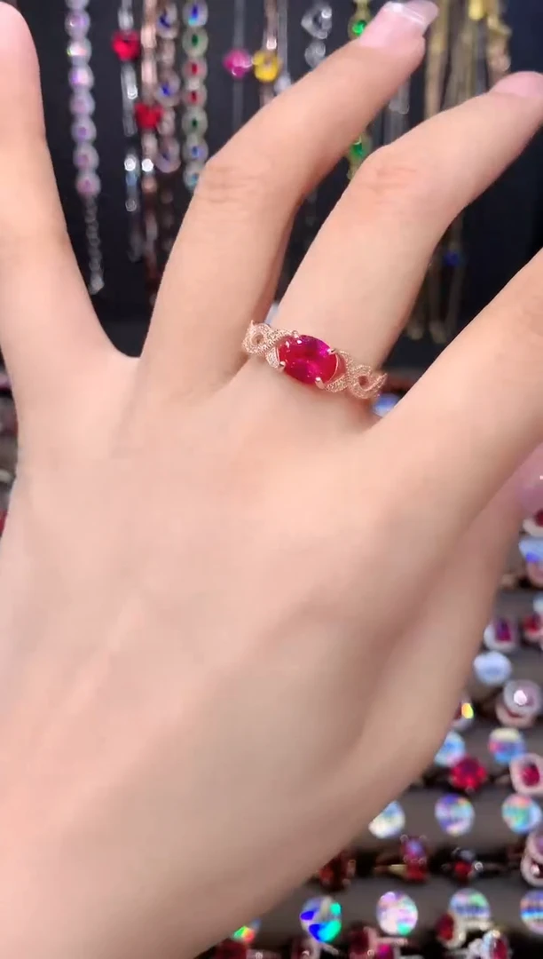 红宝石戒指银S925镶嵌玫瑰金