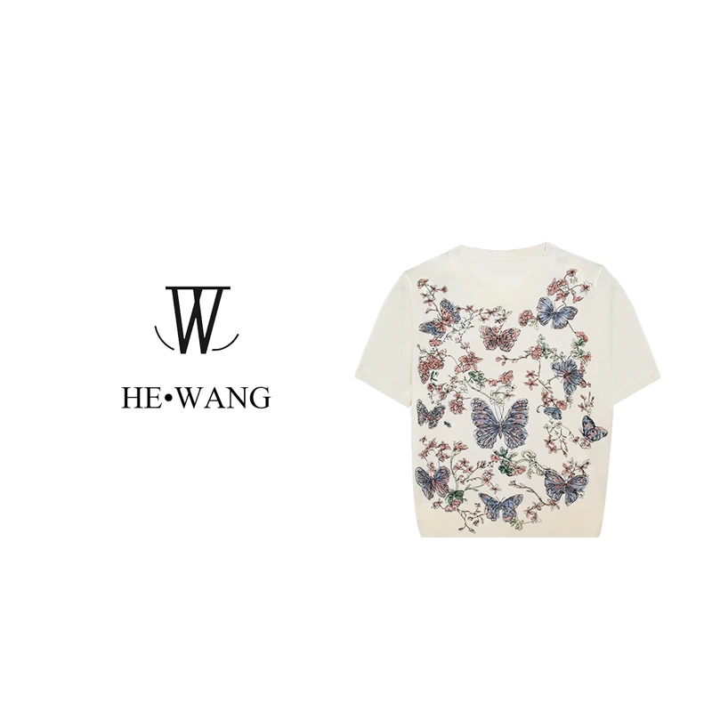 HW 名媛气质个性蝴蝶刺绣设计感针织短袖-00233
