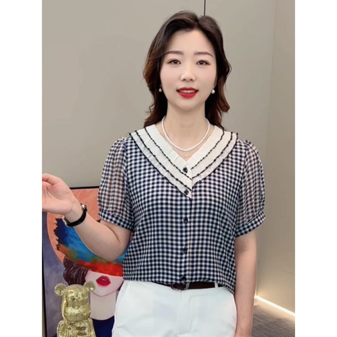 夏季新款时尚洋气花边领格子开衫宽松休闲百搭女士短袖上衣K1515