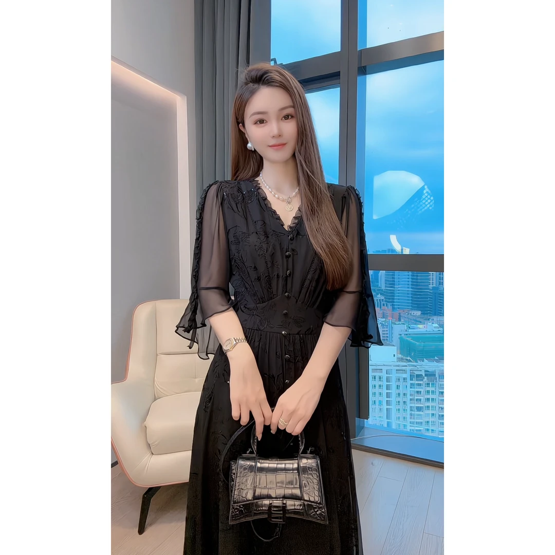 【深圳米熙儿】100%桑蚕丝重工刺绣绣花收腰连衣裙1048G