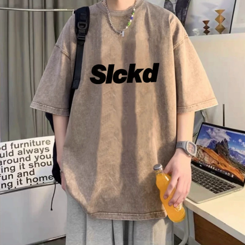 美式短袖t恤男夏季复古高街水洗做旧潮牌ins重磅纯棉情侣体恤上衣