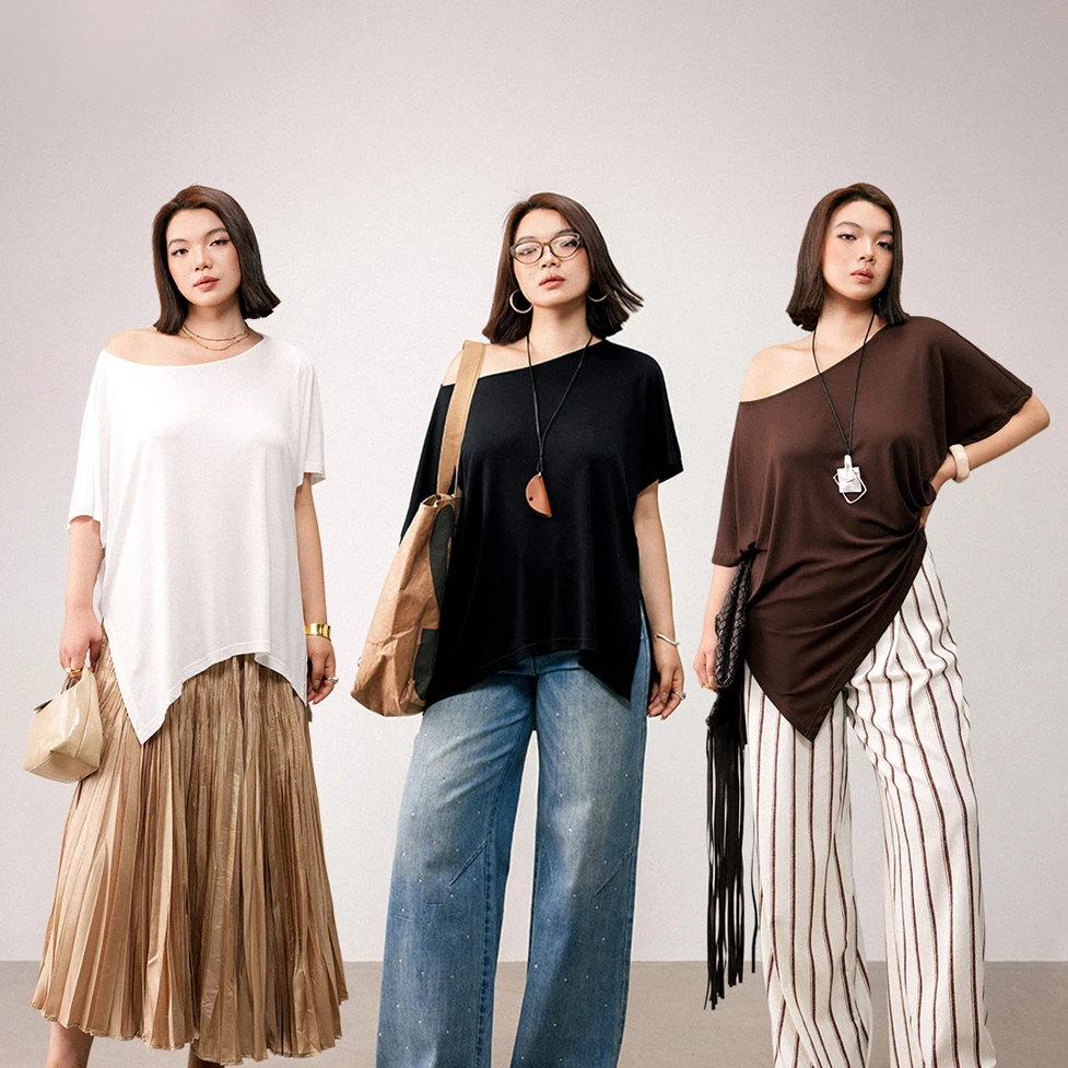 PLUSMALL 山椿乌龙 100莱赛尔凉爽一字肩蝙蝠袖上衣PLUS2506088