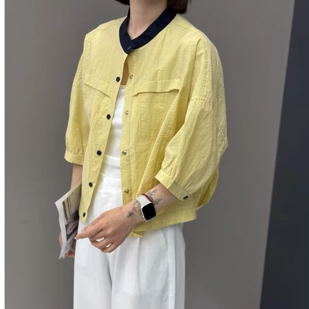 【MAN YAN】2025夏季新款时尚撞色圆领设计感褶皱洋气小衫