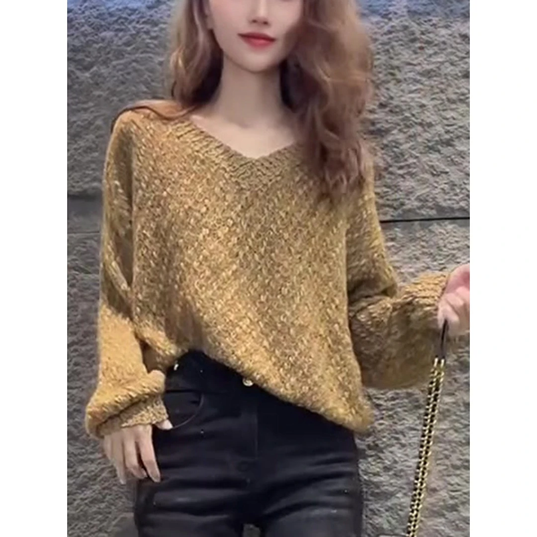 韩系长袖v领纯色驼色上衣女2025早秋简约显瘦慵懒风高级感针织衫