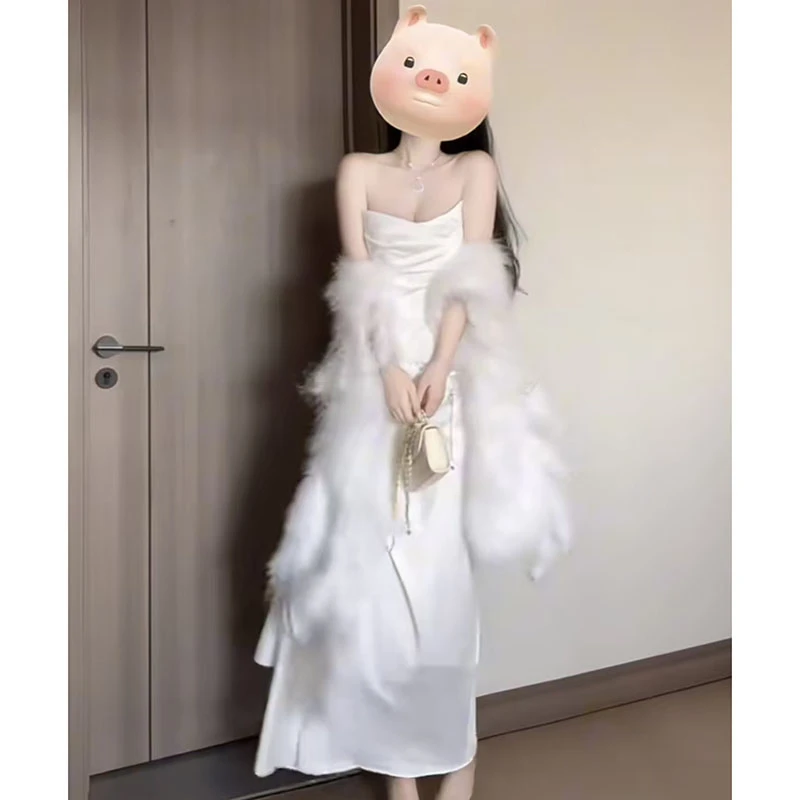 【薄荷雪糕】法式名媛一字肩无袖白色走秀裙时尚时尚显瘦收腰连衣裙