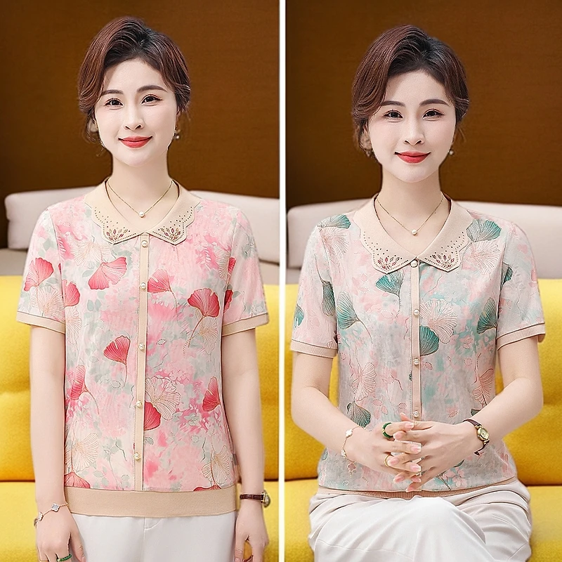 新款妈妈装t恤短袖打底衫上衣薄款休闲时尚中老年女装针织衫套装