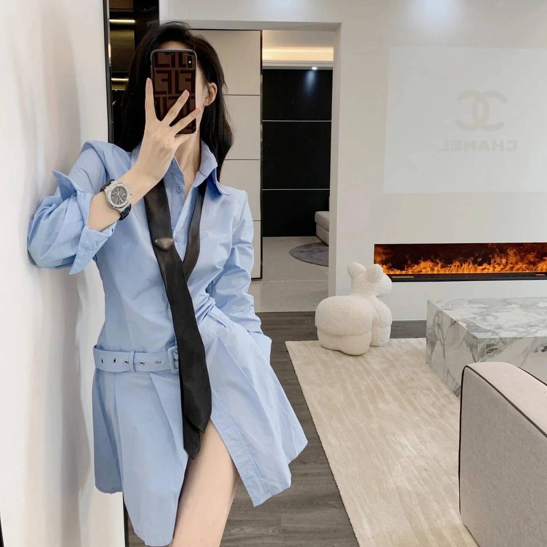 韩版气质显瘦衬衫连衣裙气洋气休闲百搭性感辣妹外穿简约风衬衫领