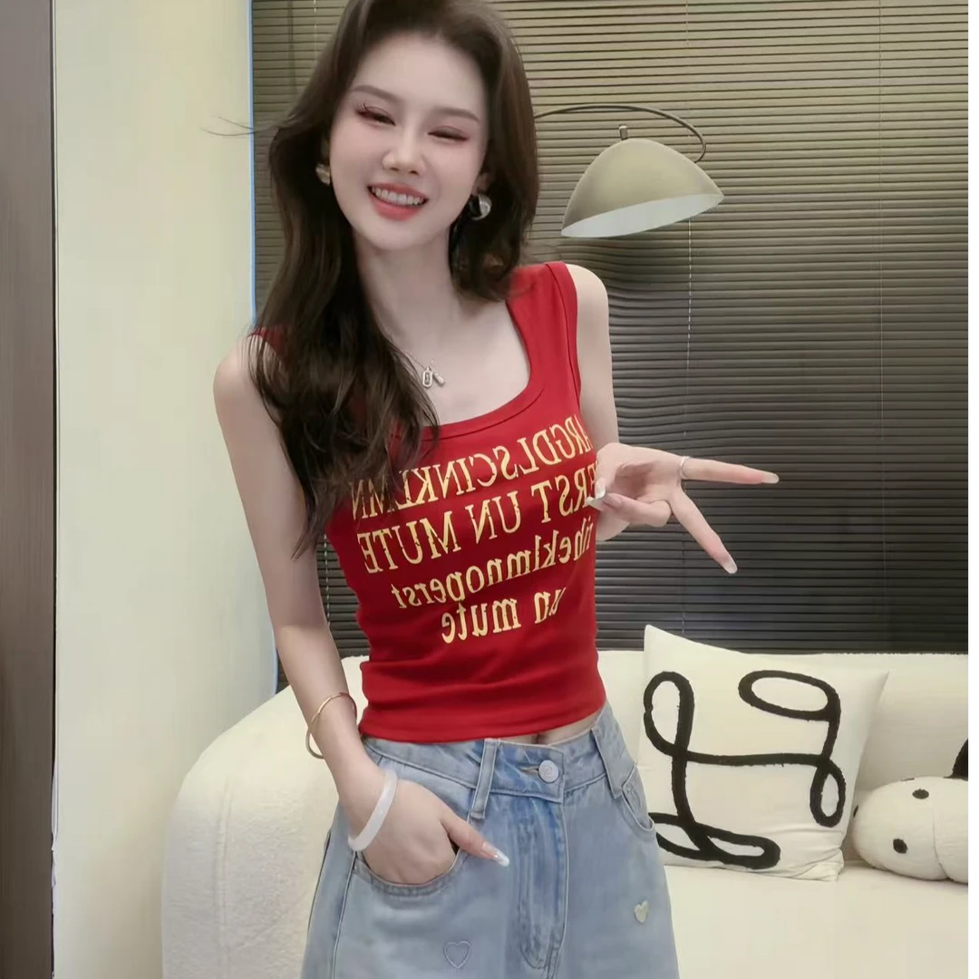 【DXJ家定制】夏季短款辣妹美式大方领美式字母印花背心90925