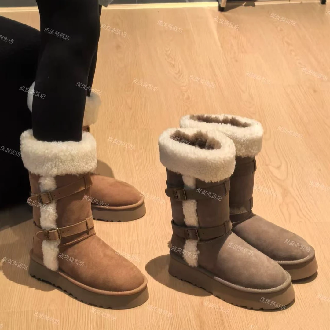 【翻毛-骑士靴】-桑坡皮毛一体-女款雪地靴加绒加厚保暖加绒鞋季