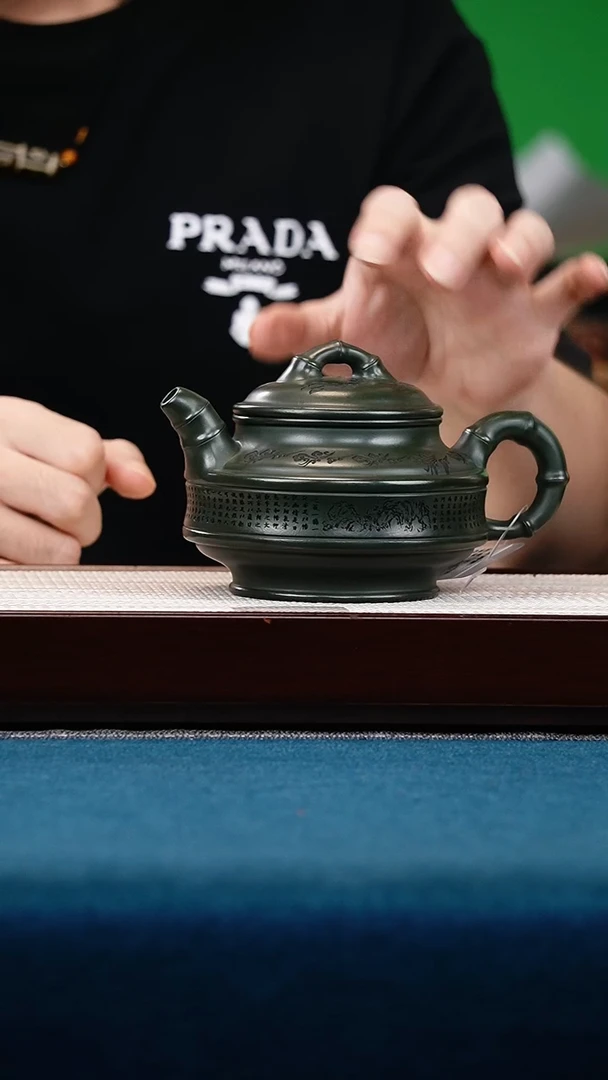 茶壶紫砂绿泥双线竹鼓