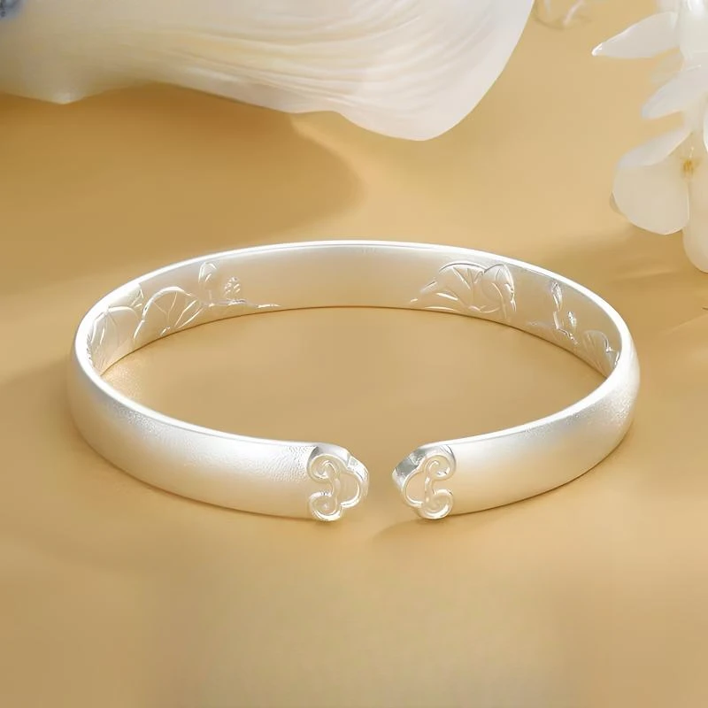 足银手镯 祥云莲花足银999.9纯银古法手镯小众轻奢荷花浮雕女款